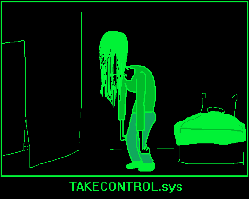 a solitary figure with long hair covering its face, standing in a room with a bed and an open door leading into a hallway.