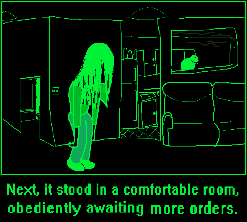 a solitary figure with long hair covering its face, standing in a living room in front of a hallway. There is a kitchen and a couch nearby. Inside the kitchen, a feminine figure is somewhat visible with hair tied upwards in a bun.