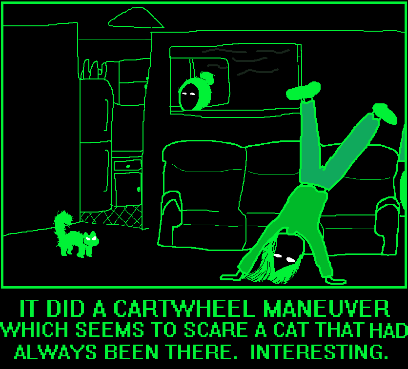 A figure with long hair flipping along the ground on its hands in a living room, upside down, legs up in the air mid-cartwheel. An older figure looks into the living room from the kitchen. A cat also looks at the cartwheeler with its fur puffed up like it's surprised.